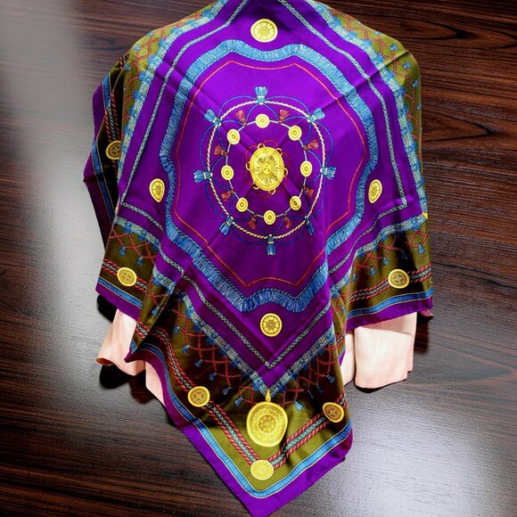 Celine Accessories - Vgt Celine Paris 100% Silk Scarf Satin 32" purple blue olive red twine tassel(44